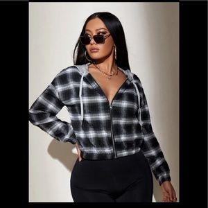 SHEIN Plaid Drawstring Zip-Up Hooded Jacket